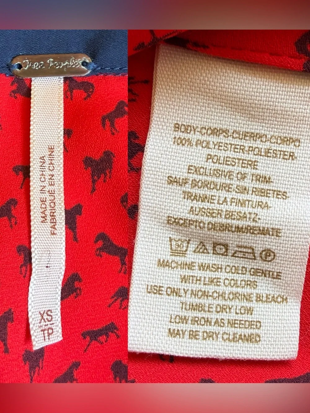 Free People Boyfriend Horse Print Blouse Size XS Red Blue Sheer Oversized Boho